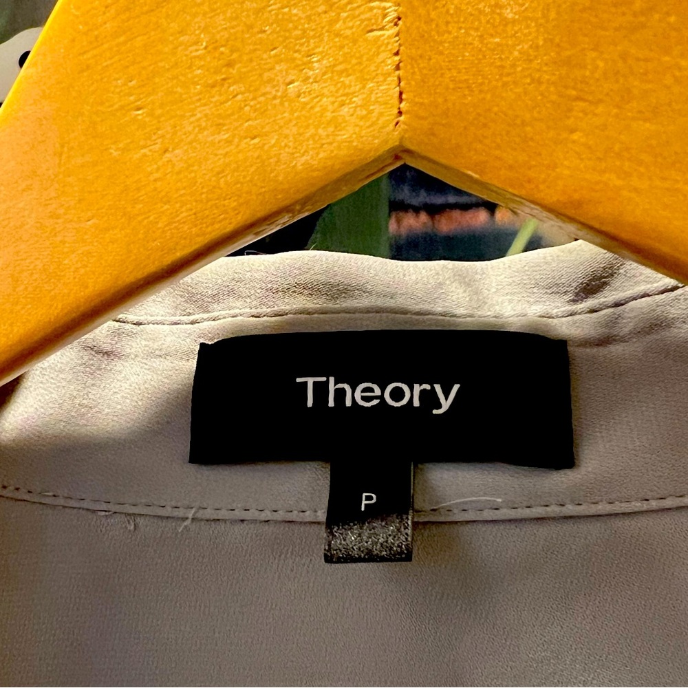 Theory silk button down shirt, petite. Silver